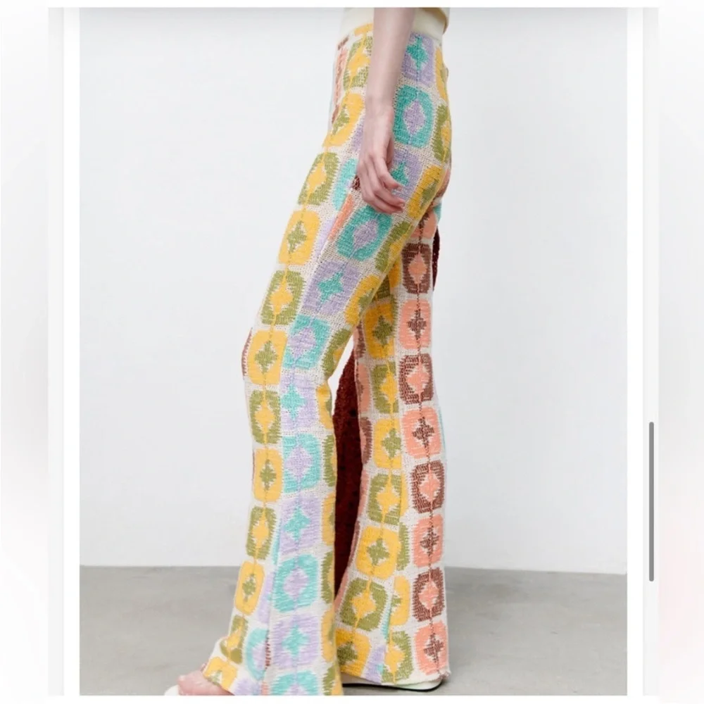 Zara Pastel Multicolor Patterned Boot Cut Pants